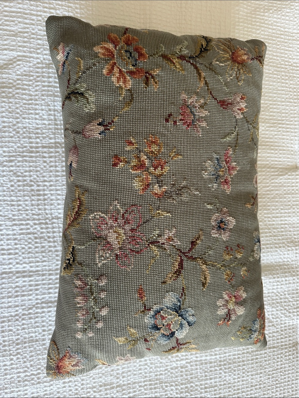 Classic Floral Needlepoint Accent Pillow in Sage Green 20” X 14”